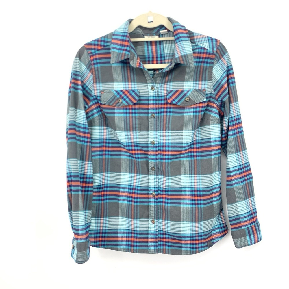 LL Bean Women Size Small Shirt Button Down Top Blue Gray Flannel Plaid Stretch